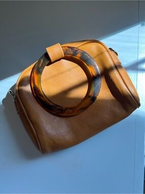 Leather Wristlet Bag with Tortoiseshell Ring Handle - Tan